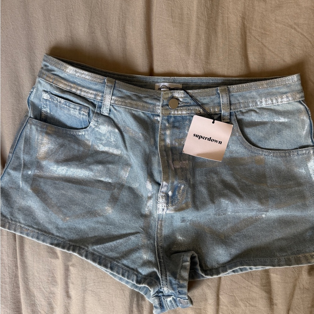 superdown Shimmery Light Blue Metallic Denim Shorts